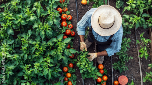 A Farmer Tending to His Tomato Plants in an Organic Garden, Top View.