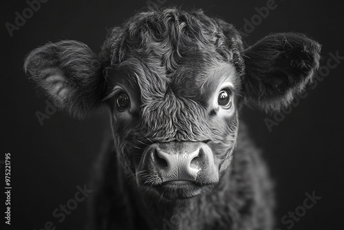 black and white close-up portrait of a highland calf looking directly at the camera
