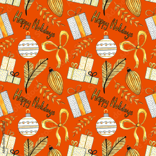 Seamless christmas pattern. Happy Holidays. Hand drawn orange gift boxes, bow, Christmas toys, fir branches on a scarlet background. For wrapping paper 