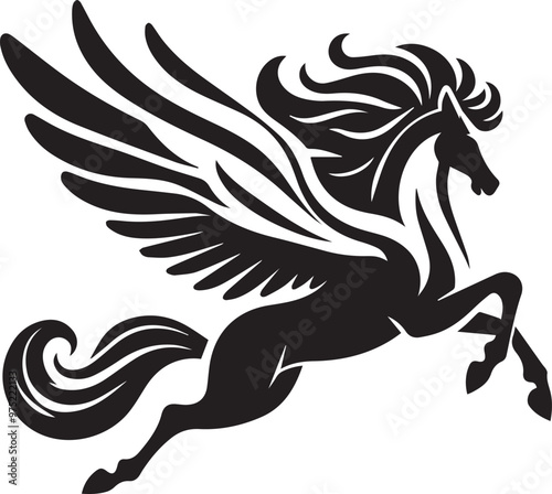 Black silhouette of jumping Pegasus vector, unicorn, flying pegasus vector silhouette, winged horse icon,