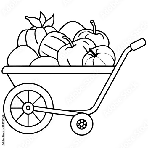 wheelbarrow with apples pear pumpkin carrot outline coloring book page line art drawing