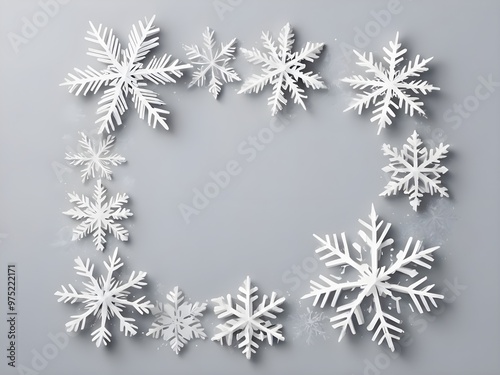 abstract Christmas composition frame made of snowflakes on pastel gray winter background