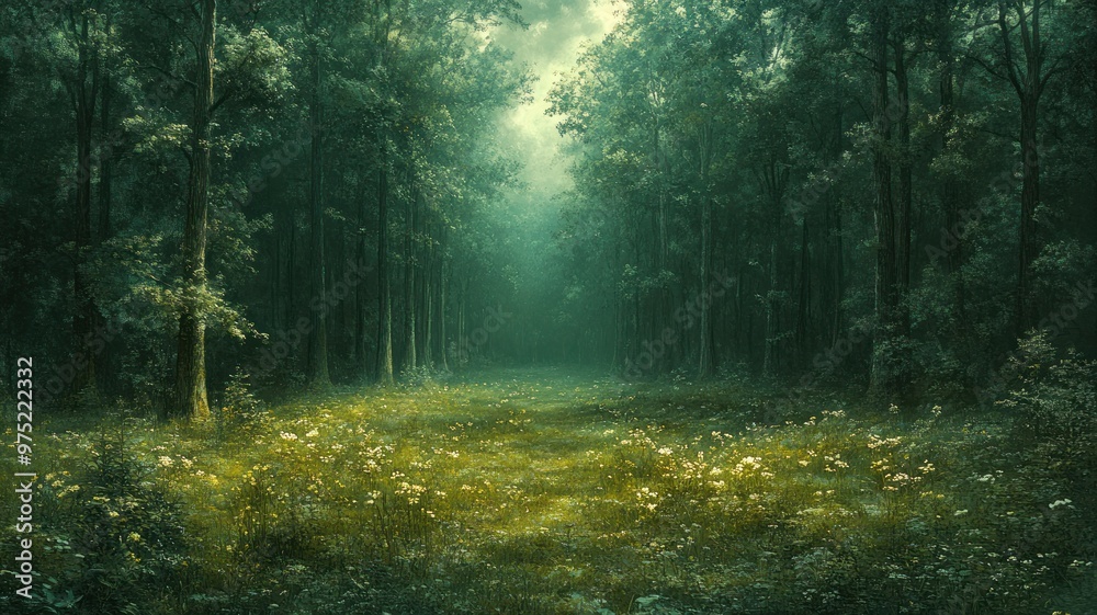 Obraz premium Lush forest scene with soft light illuminating a meadow path.