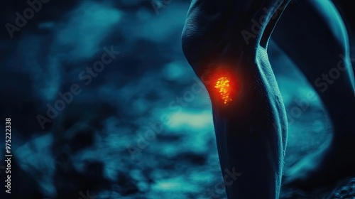 A close-up of a knee with a glowing orange spot, depicting a sense of injury and healing in a mysterious, dark environment.