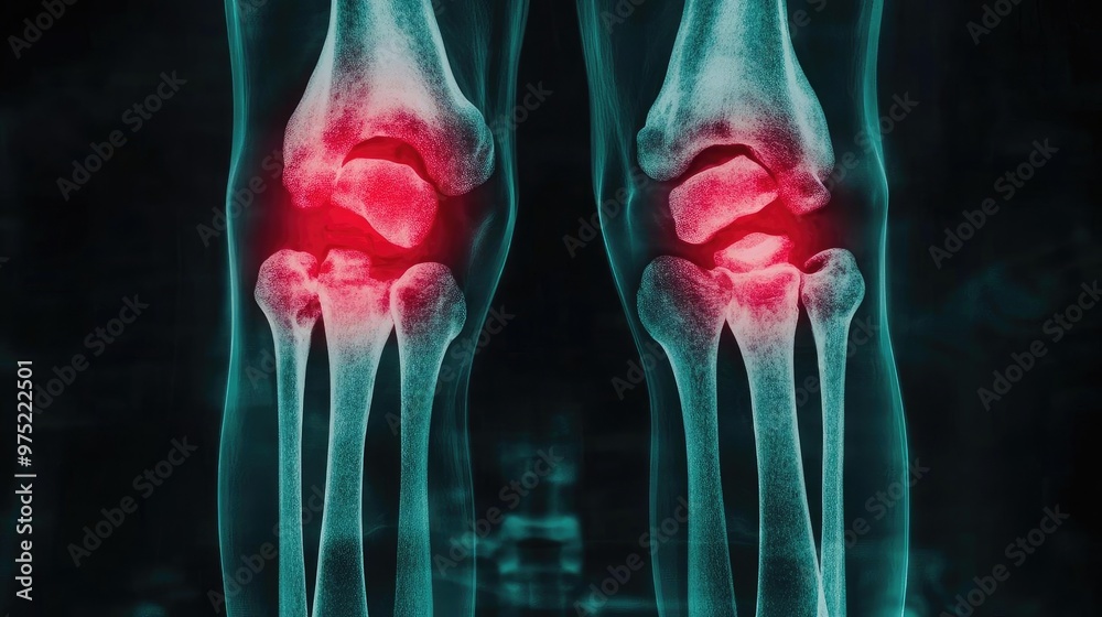 X-ray image of human knees showcasing joint pain and inflammation, highlighting medical issues and anatomical structures. X-ray image of human knees showcasing joint pain and inflammation, highlighting medical issues and anatomical structures.
