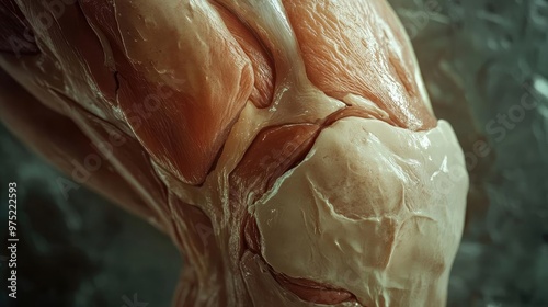 Close-up view of human muscle and joint anatomy, showcasing detailed muscular structure and tissue clarity for educational use.