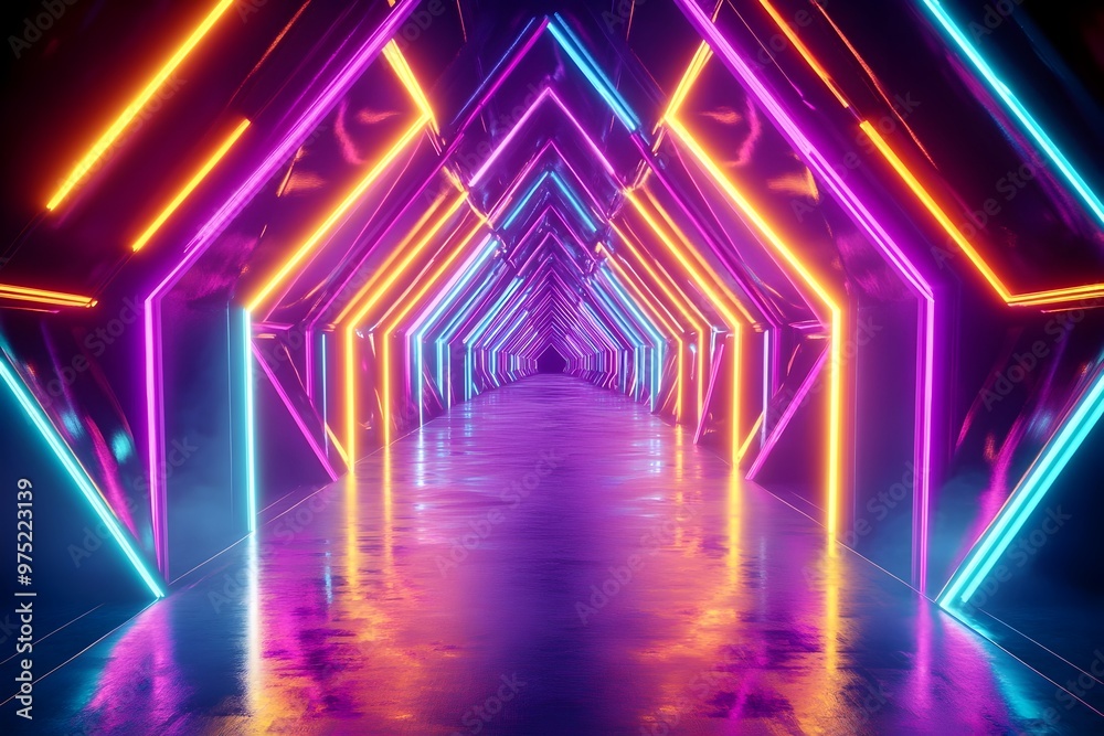 Vibrant neon lights and intricate geometric shapes create a mesmerizing tunnel like structure in this captivating futuristic and technologically advanced digital art composition Vibrant neon lights and intricate geometric shapes create a mesmerizing tunnel like structure in this captivating futuristic and technologically advanced digital art composition