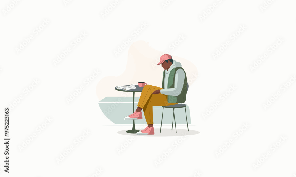 Man sitting at a cafe table reading a newspaper with coffee. Man sitting at a cafe table reading a newspaper with coffee.