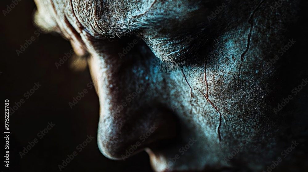 Close-up of a somber, textured sculpture focusing on intricate facial features and shadows, evoking deep emotion and contemplation. Close-up of a somber, textured sculpture focusing on intricate facial features and shadows, evoking deep emotion and contemplation.