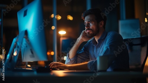 Employee working late at night in a dimly lit office, illuminated by a computer screen, job, dedication and hard work photo