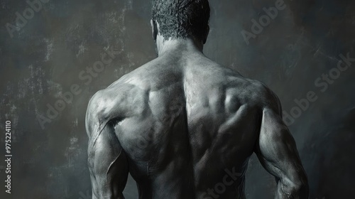 A muscular man's back, showcasing strength and definition against a textured background, highlighting fitness and power.