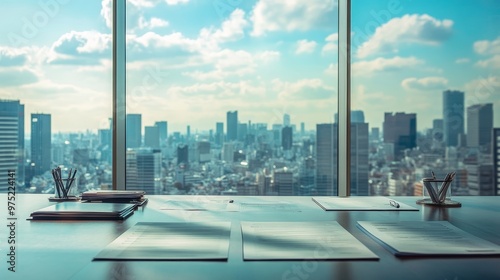 Executive office with a panoramic view of the city, strategy documents laid out on a large desk, work office strategy, executive business planning photo