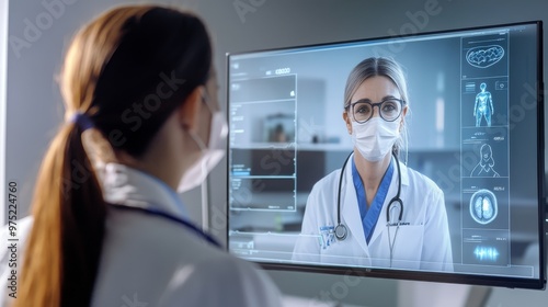 Medical professional consulting a patient through a telehealth hologram, job, innovation in healthcare photo