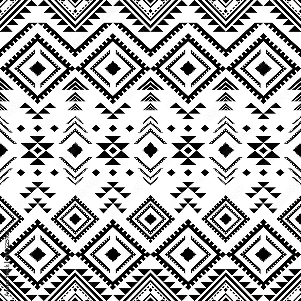 Fototapeta premium Ancient echoes Aztec geometric seamless patterns southwest Navajo Native American tribal ethnic black and white for textile printing