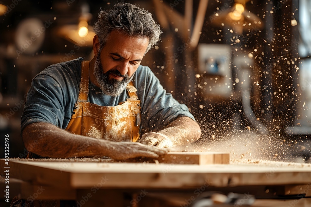Skilled carpenter expertly crafting a wooden table with precision and care,sawdust swirling in the bright and clean workshop environment. Skilled carpenter expertly crafting a wooden table with precision and care,sawdust swirling in the bright and clean workshop environment.