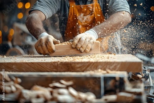 A skilled carpenter expertly crafting a beautiful wooden table,the air filled with swirling sawdust as they work with precision and expertise. photo