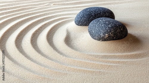 Peaceful zen garden with raked sand and smooth stones, setup, tranquility and mindfulness photo