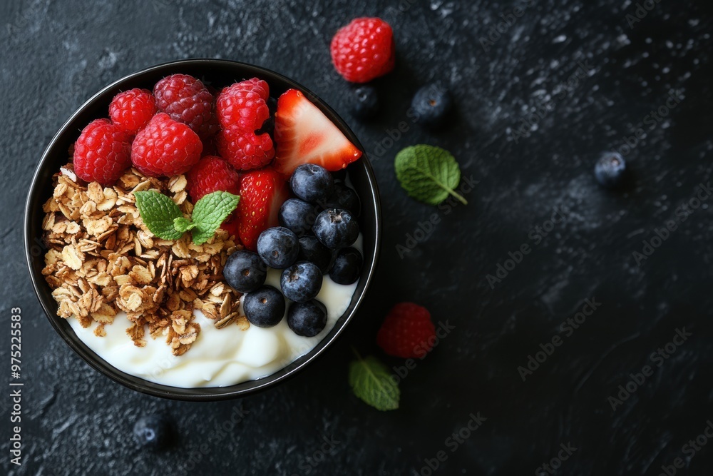 A bowl of fruit with blueberries, strawberries, and raspberries A bowl of fruit with blueberries, strawberries, and raspberries