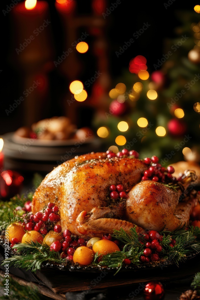 A large turkey is covered in berries and sits on a plate A large turkey is covered in berries and sits on a plate