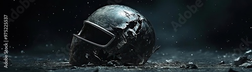 A damaged helmet resting on a cracked surface, surrounded by debris, evoking themes of survival and adventure in a perilous environment.