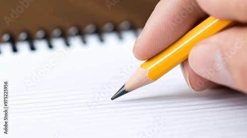 A hand holding a yellow pencil above a blank lined notebook page.