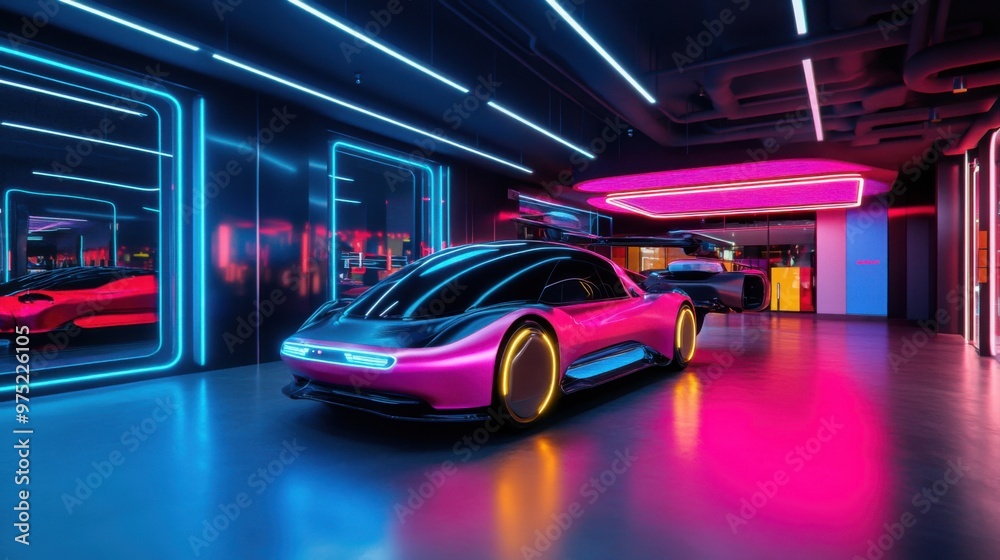Futuristic Flying Cars in Startup Showroom with Metallic Finishes and Neon Reflections Futuristic Flying Cars in Startup Showroom with Metallic Finishes and Neon Reflections