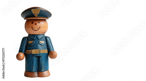 Toy wooden policeman with a helmet on transparent background