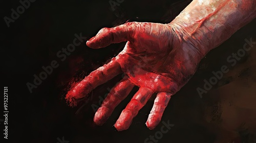 A dramatic close-up of a bloodied hand against a dark backdrop, evoking themes of struggle and survival.