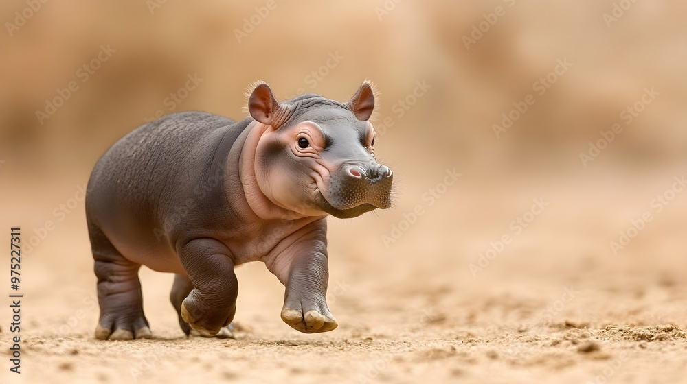 Fototapeta premium MooDang -Joyful Young Hippo Calf Exploring Zoo Habitat - Playful 2-Month-Old Hippo with Soft Skin Takes Innocent Steps Through Natural Environment