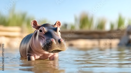 Endearing Baby Hippo Waddling Through Water - Nurturing Moment with Mother Hippo in Zoo Enclosure Capturing Tender Bond and Playful Interaction