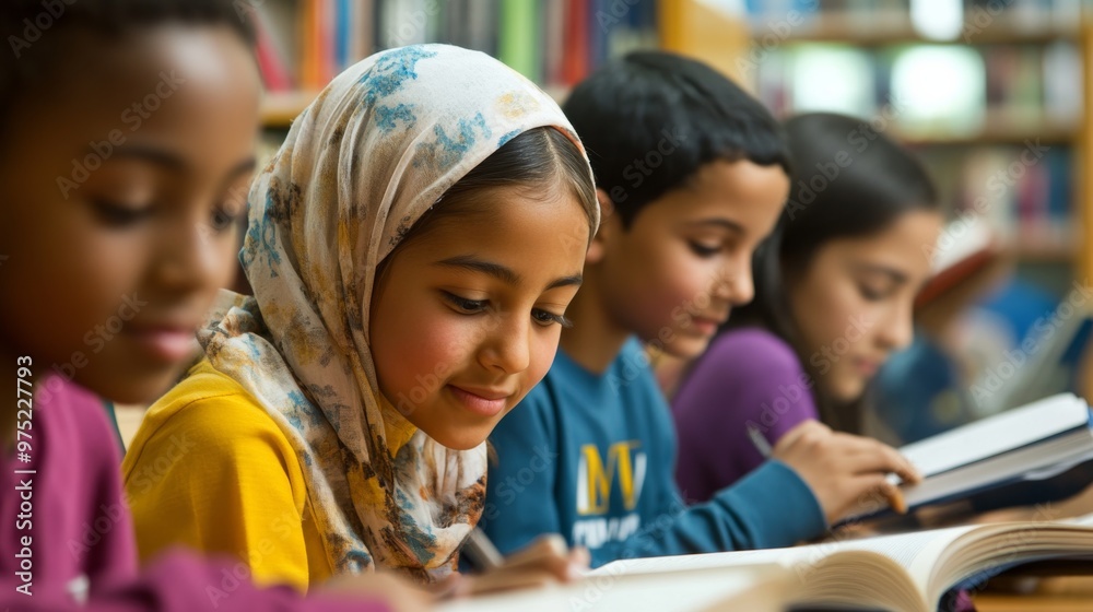 A library with students of various ethnicities and ages reading and learning together A library with students of various ethnicities and ages reading and learning together