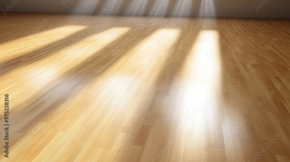 A bright wooden floor with light rays creating a serene atmosphere.