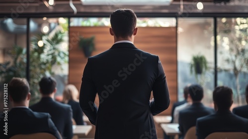 Business leader giving a motivational speech to employees in a minimalist boardroom, management, inspirational leadership