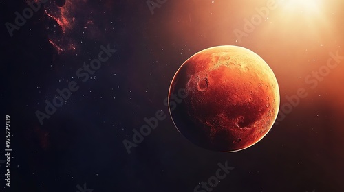 The planet Mars depicted in vivid red, highlighting its characteristic color and surface features. The image emphasizes Mars's distinctive red hue, capturing its iconic appearance