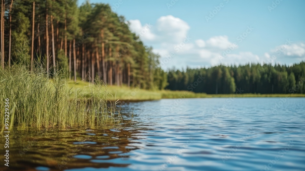 A serene lakeside view with lush greenery and calm waters under a clear blue sky. A serene lakeside view with lush greenery and calm waters under a clear blue sky.