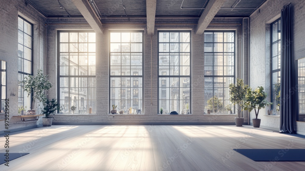A spacious, sunlit yoga studio with large windows and plants, ideal for relaxation and practice. A spacious, sunlit yoga studio with large windows and plants, ideal for relaxation and practice.