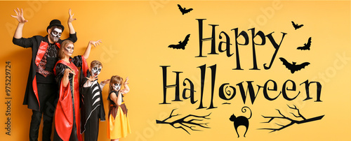 Family in Halloween costumes on color background