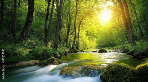 Crystal-clear river flowing through a dense forest, setup, purity and natural harmony