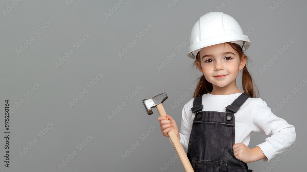 Germany little girl wearing helmet hard hat and overalls holding hammer Germany little girl wearing helmet hard hat and overalls holding hammer