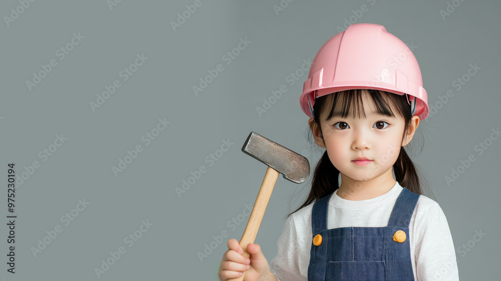 Japanese little girl wearing helmet hard hat and overalls holding hammer Japanese little girl wearing helmet hard hat and overalls holding hammer