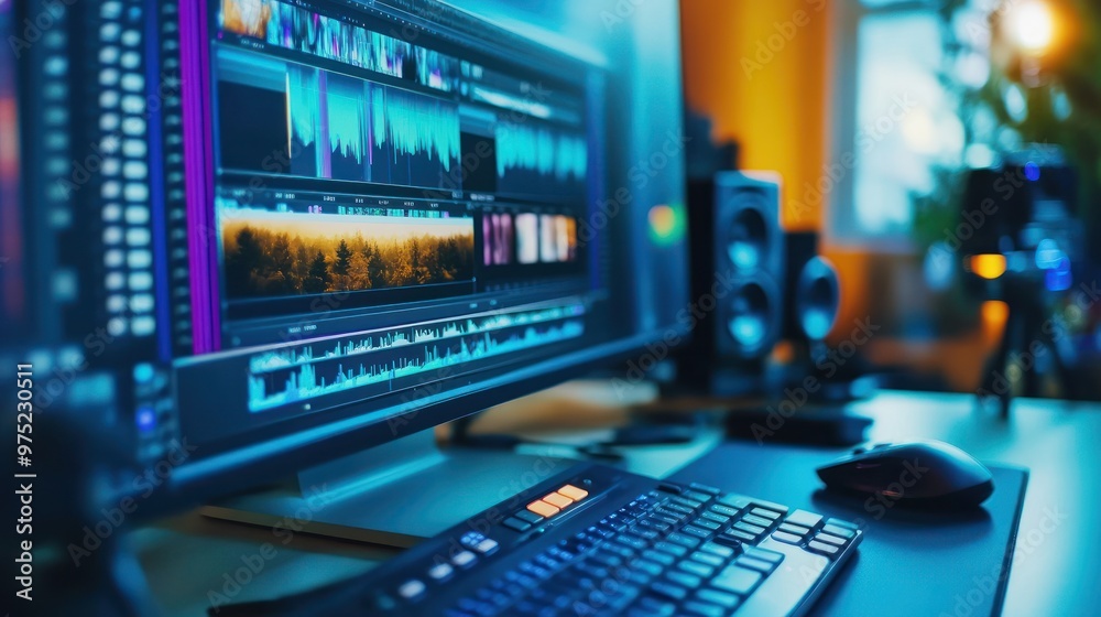 A workspace featuring a computer screen displaying video editing software and audio tracks. A workspace featuring a computer screen displaying video editing software and audio tracks.