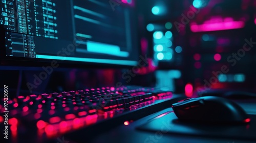 A close-up of a computer setup with a glowing keyboard and mouse in a tech environment.