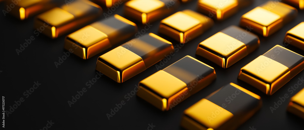 Gold bars arranged in sleek minimalist pattern create striking visual effect, showcasing their luxurious shine and smooth surfaces. composition emphasizes wealth and elegance Gold bars arranged in sleek minimalist pattern create striking visual effect, showcasing their luxurious shine and smooth surfaces. composition emphasizes wealth and elegance