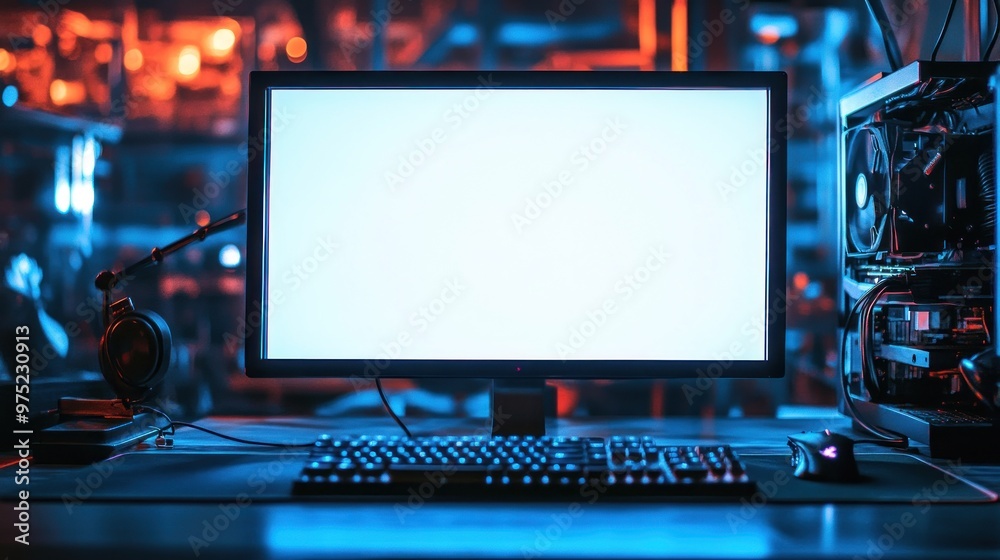 A computer setup with a blank screen, keyboard, and headset in a dimly lit environment.