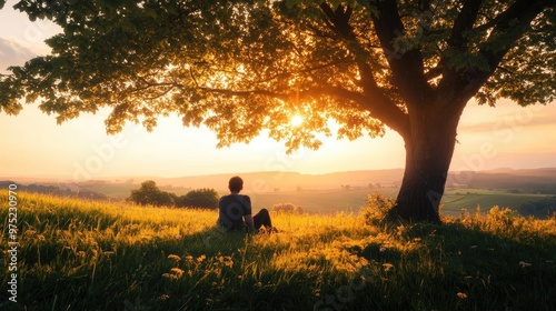 A serene sunset scene with a person sitting under a large tree  surrounded by lush grass and soft golden light illuminating the landscape.