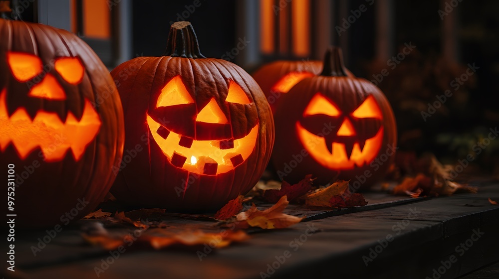 Close-Up of Carved Pumpkins Illuminated in the Dark,Generative AI Close-Up of Carved Pumpkins Illuminated in the Dark,Generative AI