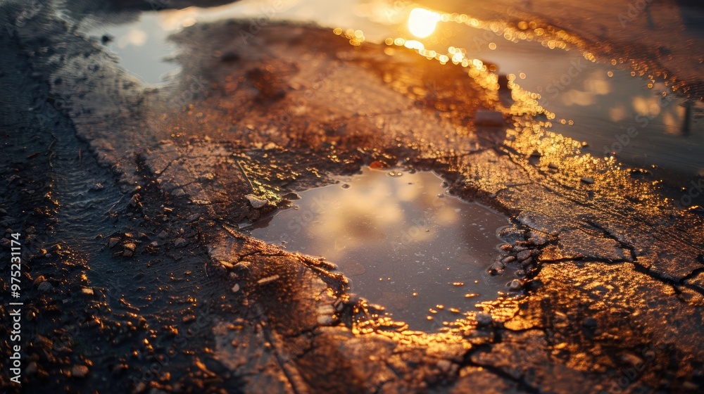 Fototapeta premium Illuminated oil slick on asphalt in a water accumulation
