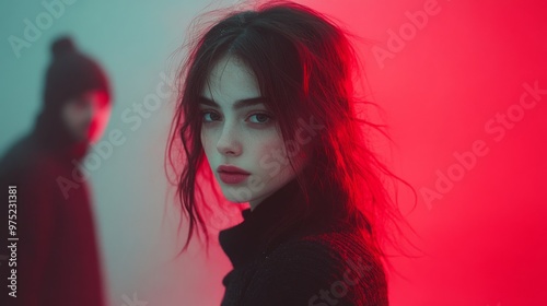 A woman in red and blue lighting, creating a mysterious and cinematic atmosphere.