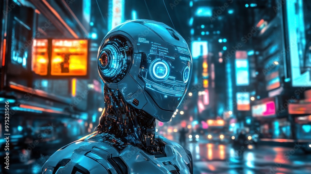 Futuristic robot in a neon-lit urban environment at night. Futuristic robot in a neon-lit urban environment at night.