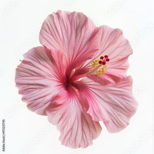 single pink hibiscus flower with large, soft petals and a prominent yellow stamen #975231745